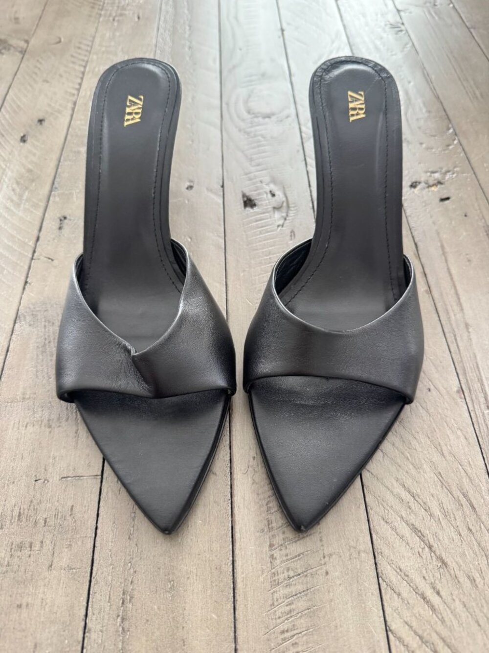 ZARA Black Leather Open Pointed Mule Heeled Sandals Size 40 10 - Picture 2 of 6